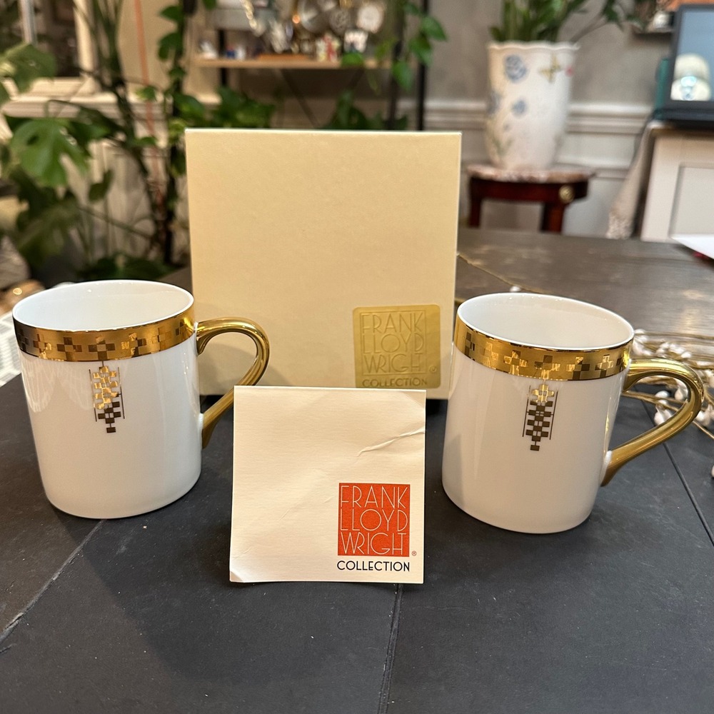 Frank Lloyd Wright Imperial Collection 2 Pc Mugs 1990 Vintage Art Deco 22K Gold